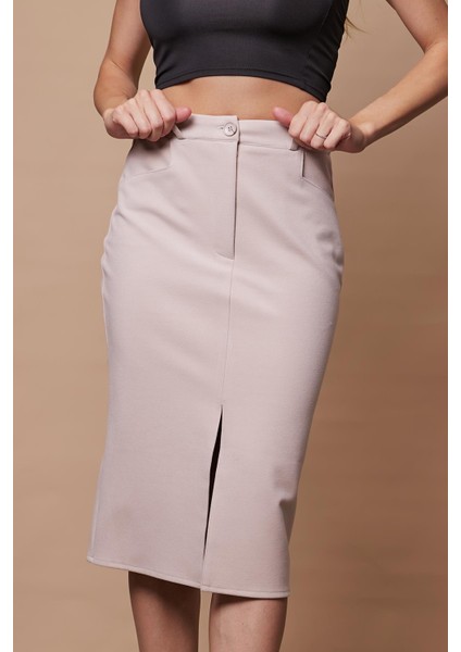 Kadın Likralı Kaşe Kumaş Yüksek Bel Alman Cepli Önden Yırtmaçlı Kalem Etek-Şampanya fırsatları