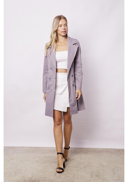 Kadın Cepli Kruvaze Anvelop Kemerli Hafif Likralı Kumaş Uzun Trençkot Ceket-Gri fırsatları