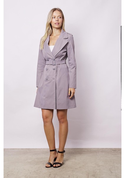 Kadın Cepli Kruvaze Anvelop Kemerli Hafif Likralı Kumaş Uzun Trençkot Ceket-Gri indirimleri