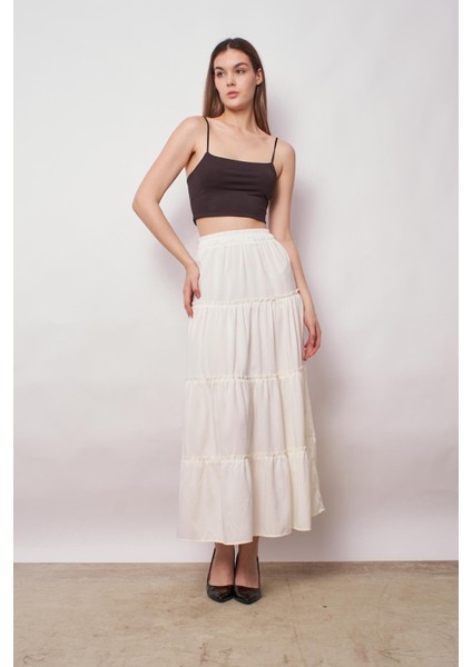 Kadın Iç Göstermez Midi Boy Fırfırlı Beli Lastikli Etek -Krem