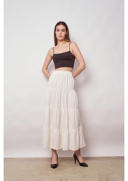 Kadın Iç Göstermez Midi Boy Fırfırlı Beli Lastikli Etek -Krem fiyatları