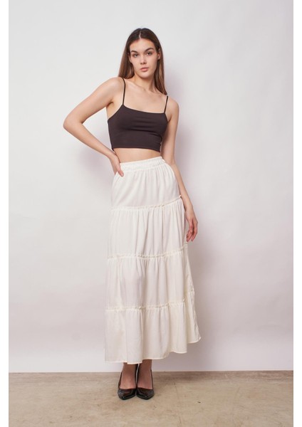 Kadın Iç Göstermez Midi Boy Fırfırlı Beli Lastikli Etek -Krem modelleri