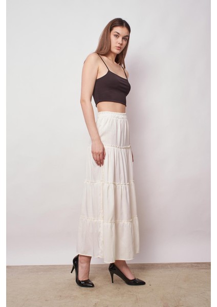 Kadın Iç Göstermez Midi Boy Fırfırlı Beli Lastikli Etek -Krem fırsatları