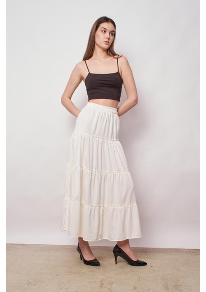 Kadın Iç Göstermez Midi Boy Fırfırlı Beli Lastikli Etek -Krem indirimleri