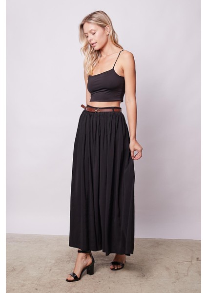 Kadın Ipeksi Dokulu Modal Kumaş Cepli Beli Lastikli Bilek Boy Uzun Etek(Deri Kemer Dahil)-Siyah fiyatları