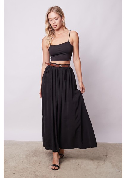 Kadın Ipeksi Dokulu Modal Kumaş Cepli Beli Lastikli Bilek Boy Uzun Etek(Deri Kemer Dahil)-Siyah modelleri