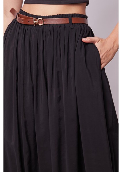 Kadın Ipeksi Dokulu Modal Kumaş Cepli Beli Lastikli Bilek Boy Uzun Etek(Deri Kemer Dahil)-Siyah fırsatları