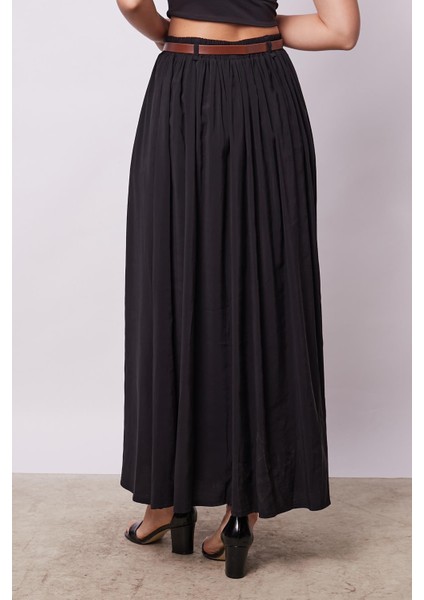 Kadın Ipeksi Dokulu Modal Kumaş Cepli Beli Lastikli Bilek Boy Uzun Etek(Deri Kemer Dahil)-Siyah indirimleri