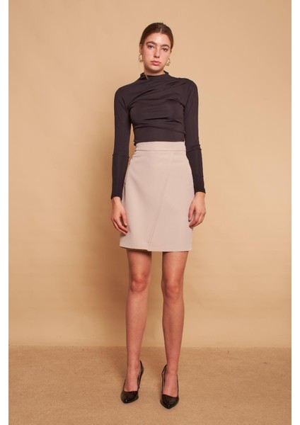 Yüksek Bel Anvelop Kruvaze Pamuklu Likralı Kumaş Kalem Ofis Etek -Taş