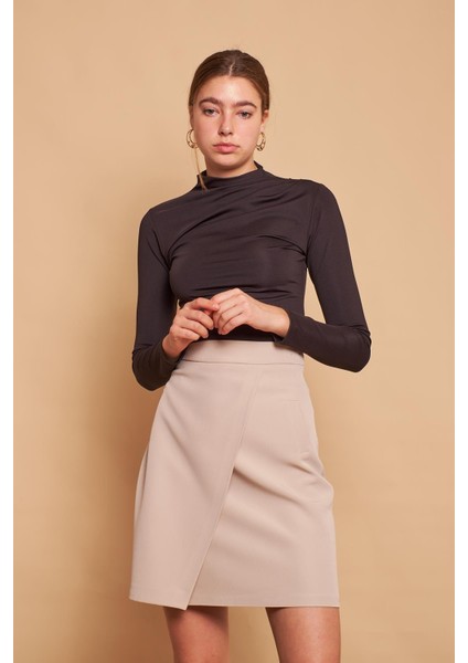 Yüksek Bel Anvelop Kruvaze Pamuklu Likralı Kumaş Kalem Ofis Etek -Taş