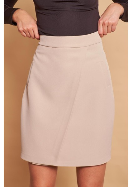 Yüksek Bel Anvelop Kruvaze Pamuklu Likralı Kumaş Kalem Ofis Etek -Taş