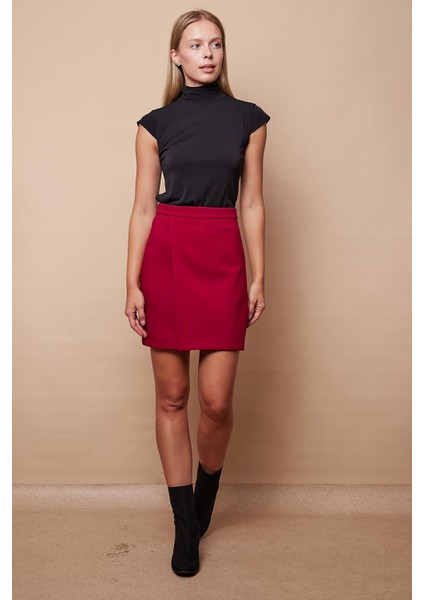 Kadın Hafif Likralı Kumaş Yüksek Bel Anvelop Kruvaze Hafif Mini Kalem Etek-Bordo