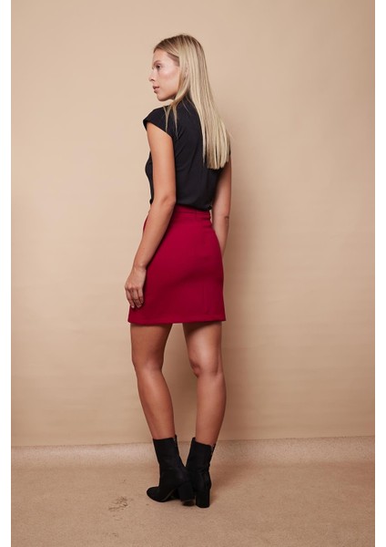 Kadın Hafif Likralı Kumaş Yüksek Bel Anvelop Kruvaze Hafif Mini Kalem Etek-Bordo fiyatları