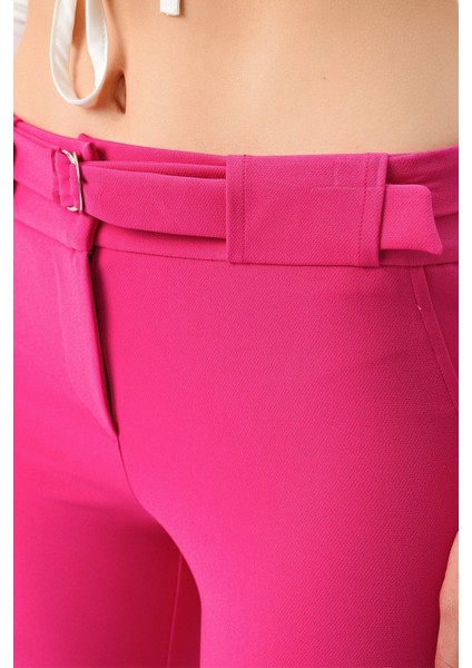 Kalın Kemerli D Tokalı Likralı Bilek Boy Kumaş Pantolon-Magenta fiyatları