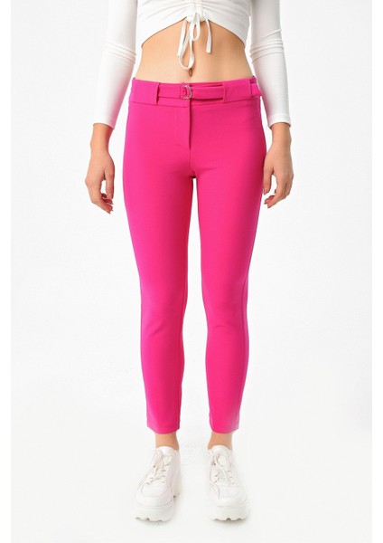 Kalın Kemerli D Tokalı Likralı Bilek Boy Kumaş Pantolon-Magenta modelleri