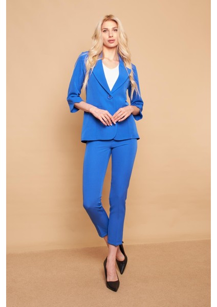 Kalın Kemerli Süs Cepli Bilek Boy Likralı Kumaş Pantolon-Sax