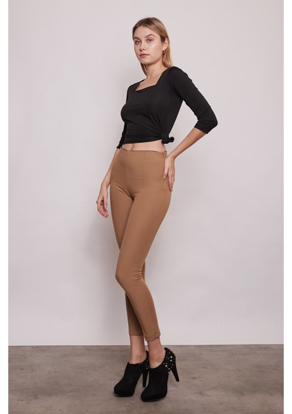 Power Strech Likralı Dar Kesim Yüksek Bel Beli Lastikli Bilek Boy Pantolon-Camel modelleri