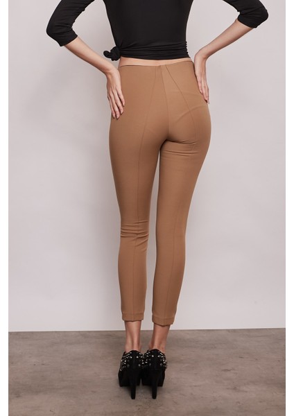 Power Strech Likralı Dar Kesim Yüksek Bel Beli Lastikli Bilek Boy Pantolon-Camel indirimleri