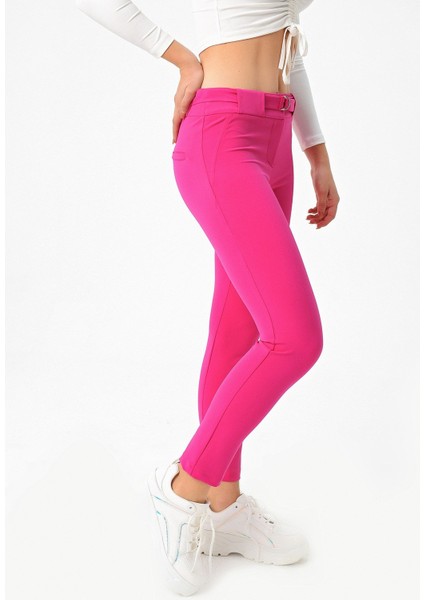 Kalın Kemerli D Tokalı Likralı Bilek Boy Kumaş Pantolon-Magenta fırsatları