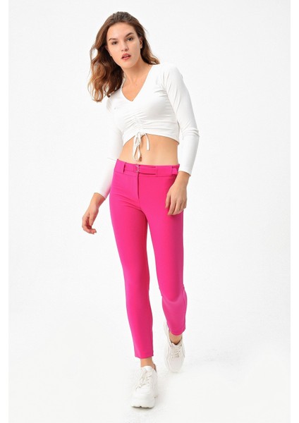 Kalın Kemerli D Tokalı Likralı Bilek Boy Kumaş Pantolon-Magenta indirimleri