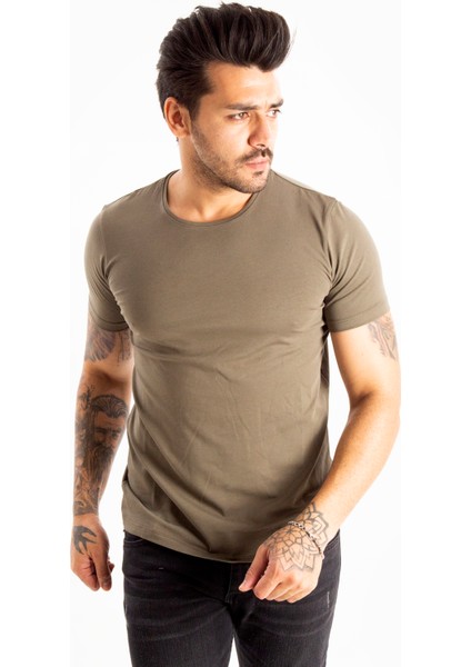 Haki Erkek/Unisex Slim Fit Dar Kesim Bisiklet Yaka Pamuklu Likralı Basic Tişört 1801131