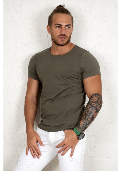 Haki Erkek/Unisex Slim Fit Dar Kesim Bisiklet Yaka Pamuklu Likralı Basic Tişört 1801131 indirimleri