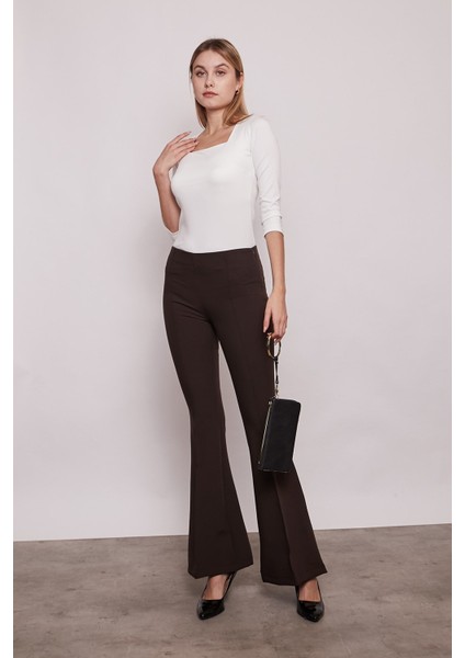 Yüksek Bel Ön Arka Dikişli İspanyol Paça Tayt Likralı Kumaş Pantolon-Kahverengi