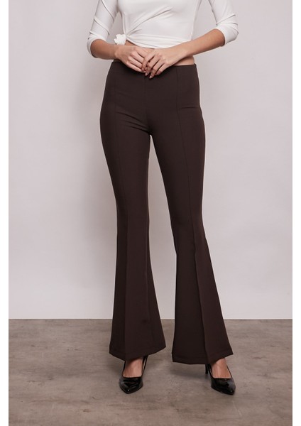 Yüksek Bel Ön Arka Dikişli İspanyol Paça Tayt Likralı Kumaş Pantolon-Kahverengi fiyatları
