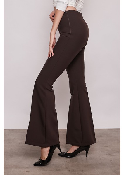 Yüksek Bel Ön Arka Dikişli İspanyol Paça Tayt Likralı Kumaş Pantolon-Kahverengi modelleri