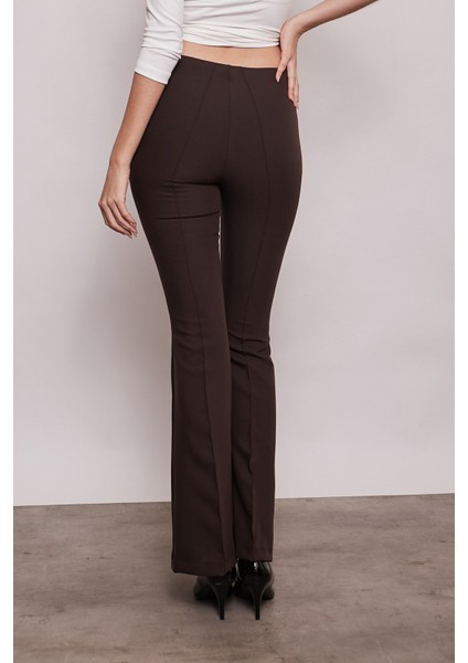 Yüksek Bel Ön Arka Dikişli İspanyol Paça Tayt Likralı Kumaş Pantolon-Kahverengi fırsatları
