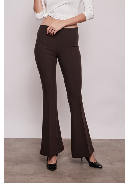 Yüksek Bel Ön Arka Dikişli İspanyol Paça Tayt Likralı Kumaş Pantolon-Kahverengi indirimleri