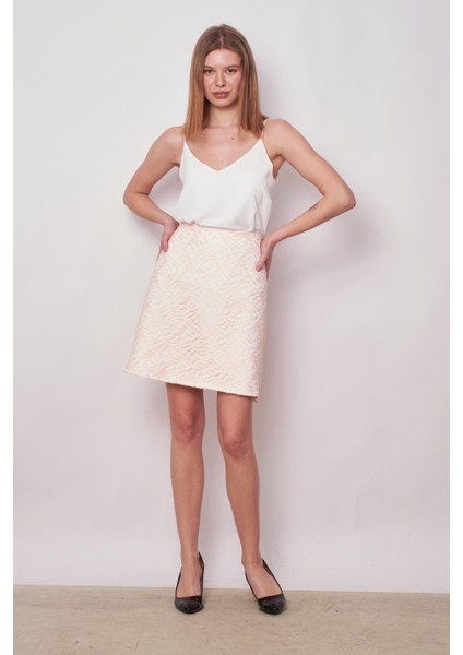 Kadın Dantel Detaylı Yüksek Bel Hafif Esnek Dokuma Kumaş Çan ETEK(BOY:49CM +-2cm)-Pudra