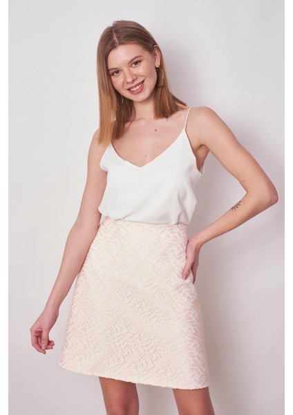 Kadın Dantel Detaylı Yüksek Bel Hafif Esnek Dokuma Kumaş Çan ETEK(BOY:49CM +-2cm)-Pudra fırsatları