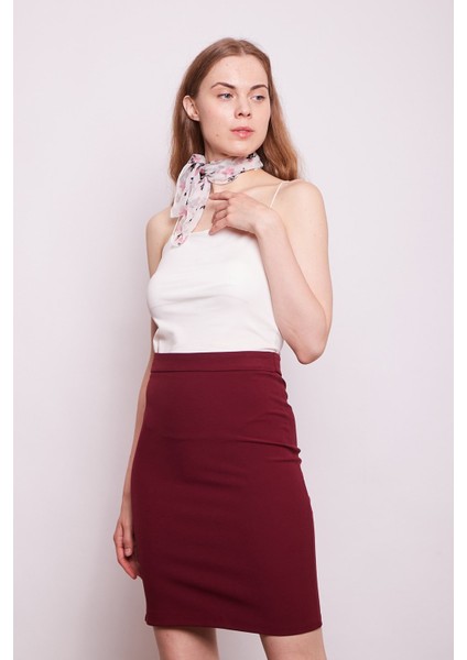 Yüksek Bel Diz Üstü Likralı Pamuklu Şık Kumaş Kalem Etek-Bordo