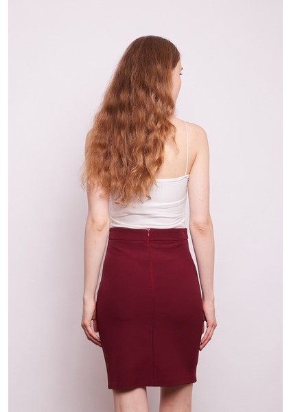 Yüksek Bel Diz Üstü Likralı Pamuklu Şık Kumaş Kalem Etek-Bordo