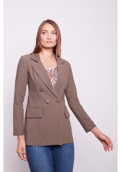 Kadın Düğme Detaylı Uzun Kol Şık Ofis Süs Cep Kapaklı Kumaş Blazer Ceket-Vizon fiyatları