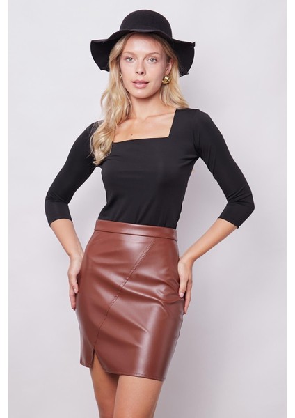 Kadın Hafif Likralı Deri Yüksek Bel Yırtmaçlı Diz Üstü Kalem Etek-Taba modelleri