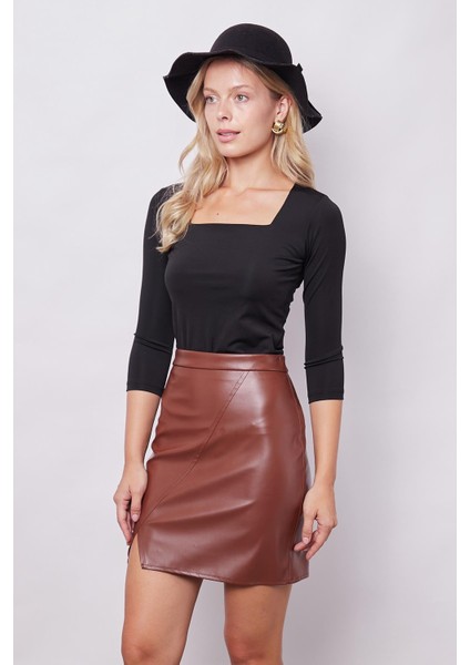 Kadın Hafif Likralı Deri Yüksek Bel Yırtmaçlı Diz Üstü Kalem Etek-Taba indirimleri
