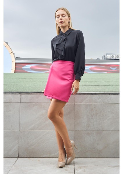 Kadın Hafif Likralı Kumaş Yüksek Bel Anvelop Kruvaze Hafif Mini Kalem Etek-Fujya