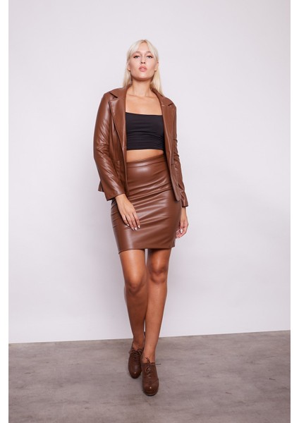 Ekolojik Suni Deri Yakalı Uzun Kol Cepli Blazer Ceket-Taba