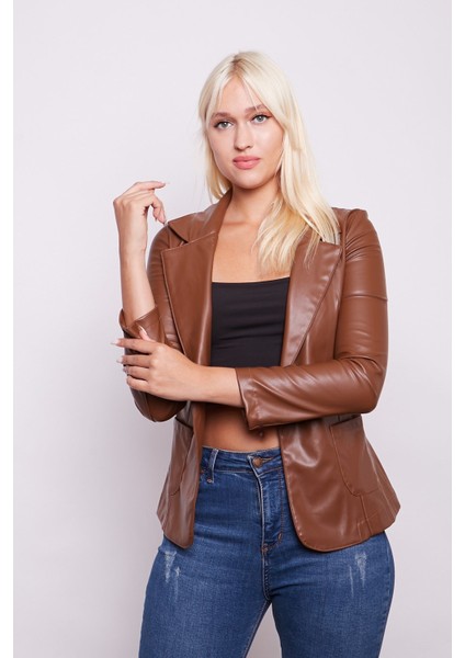Ekolojik Suni Deri Yakalı Uzun Kol Cepli Blazer Ceket-Taba indirimleri