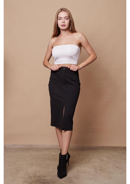 Kadın Likralı Kaşe Kumaş Yüksek Bel Alman Cepli Önden Yırtmaçlı Kalem Etek-Siyah fiyatları