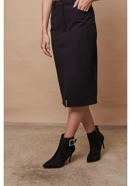 Kadın Likralı Kaşe Kumaş Yüksek Bel Alman Cepli Önden Yırtmaçlı Kalem Etek-Siyah fırsatları