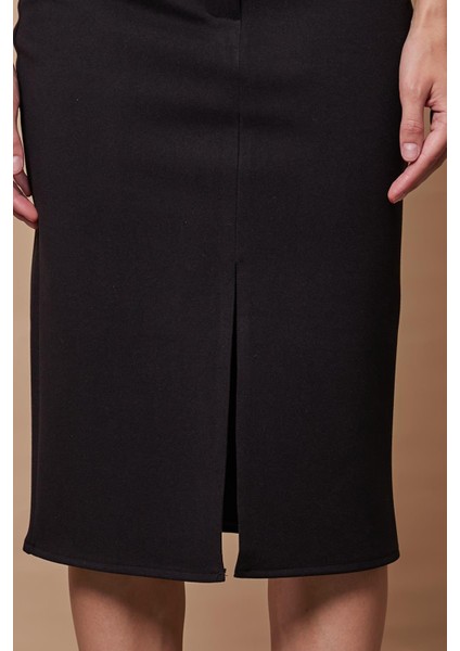 Kadın Likralı Kaşe Kumaş Yüksek Bel Alman Cepli Önden Yırtmaçlı Kalem Etek-Siyah indirimleri