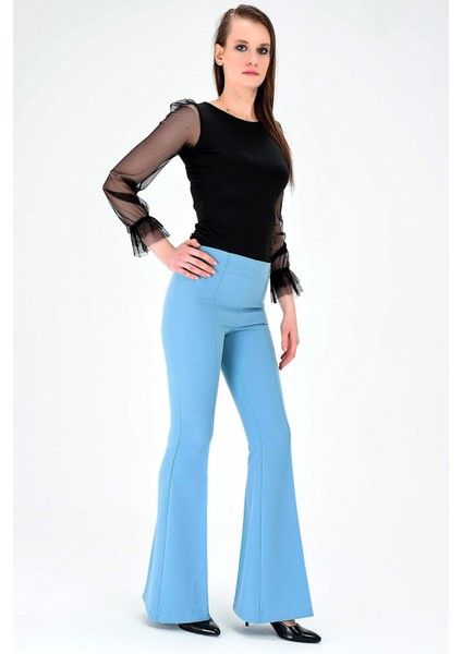 Yüksek Bel Ön Arka Dikişli İspanyol Paça Tayt Likralı Kumaş Pantolon-Mint