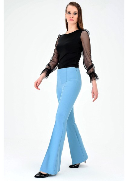 Yüksek Bel Ön Arka Dikişli İspanyol Paça Tayt Likralı Kumaş Pantolon-Mint modelleri