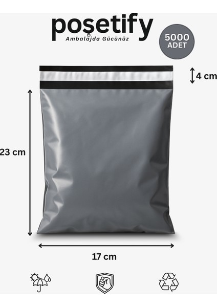 Gri Cepsiz Kargo Poşeti 17X23+4 cm 5000 Adet E-Ticaret Poşeti | Yapışkan Bantlı Kargo Zarfı