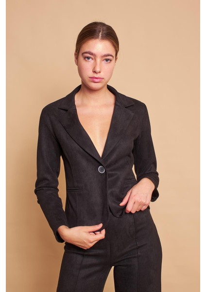 Hafif Likralı Süet Kumaş Flato Cepli Uzun Kol Kısa Blazer Ceket-Siyah modelleri