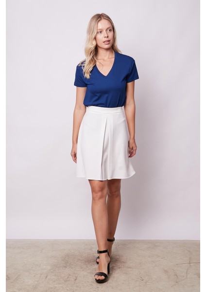 Kadın Yüksek Bel Hafif Likralı Kumaş Pilikaşeli Diz Boy Çan Etek-Krem