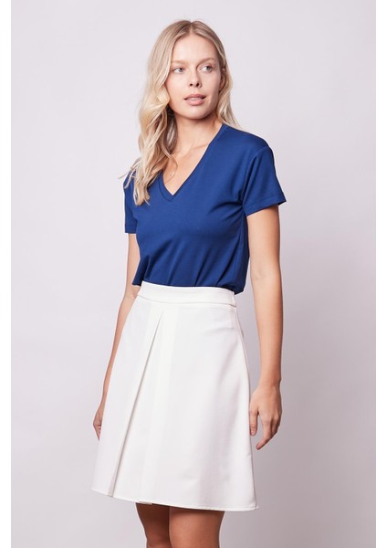 Kadın Yüksek Bel Hafif Likralı Kumaş Pilikaşeli Diz Boy Çan Etek-Krem fiyatları